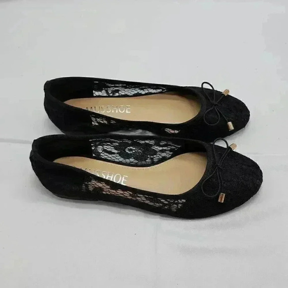Musshoe Womens Bowknot Lace Round Toe Slip-On Ballet Flat Shoes Black Size 6.5 - Picture 2 of 8